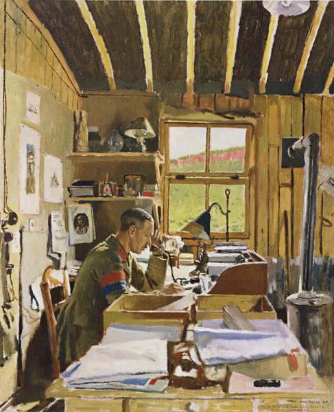 Sir William Orpen Major A.N.Lee in his hut ofice at Beaumerie-sur-Mer